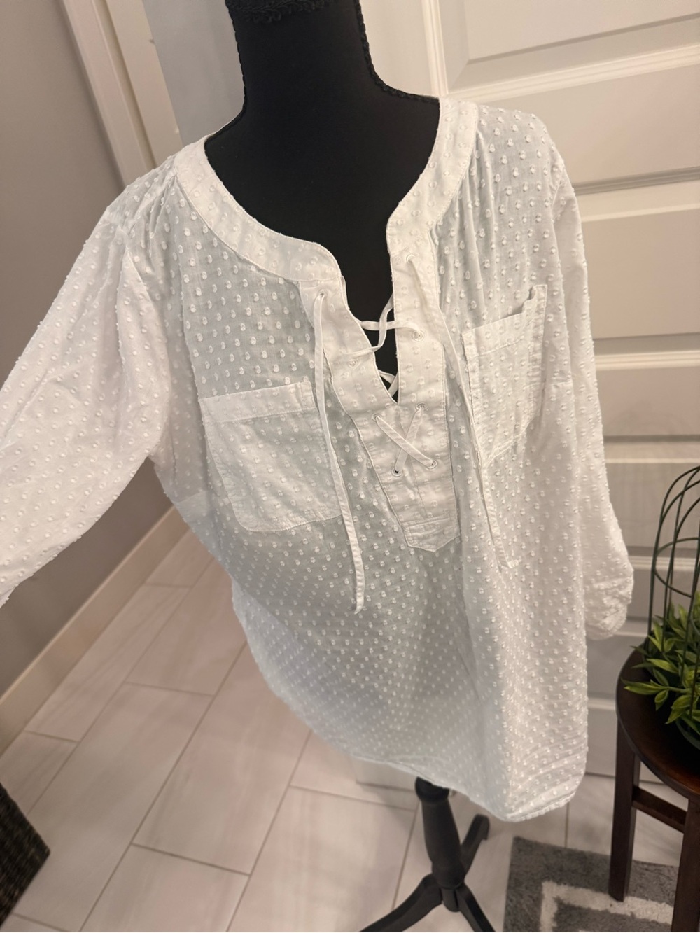Talbots White Swiss Dot Lace-Up Peasant Tunic